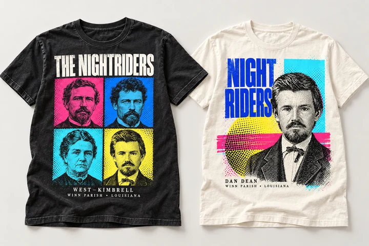 Two Nightriders T-shirt mockups with colorful conceptual portrait artwork