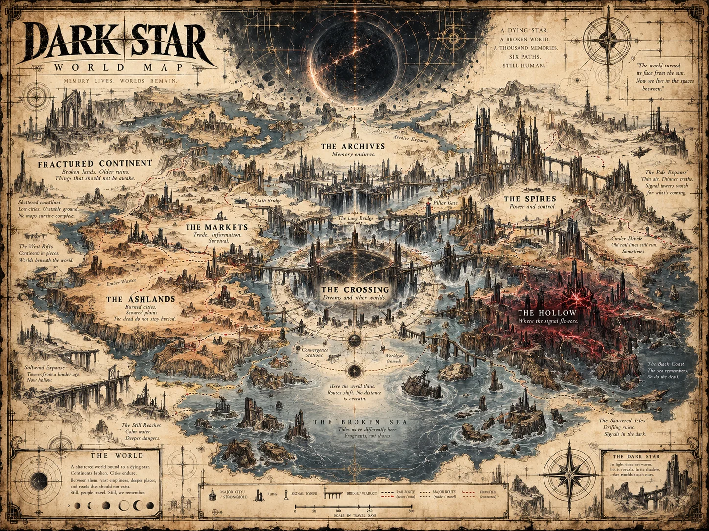Detailed illustrated parchment map of the shattered Dark Star world, regions, ruined settlements and travel routes